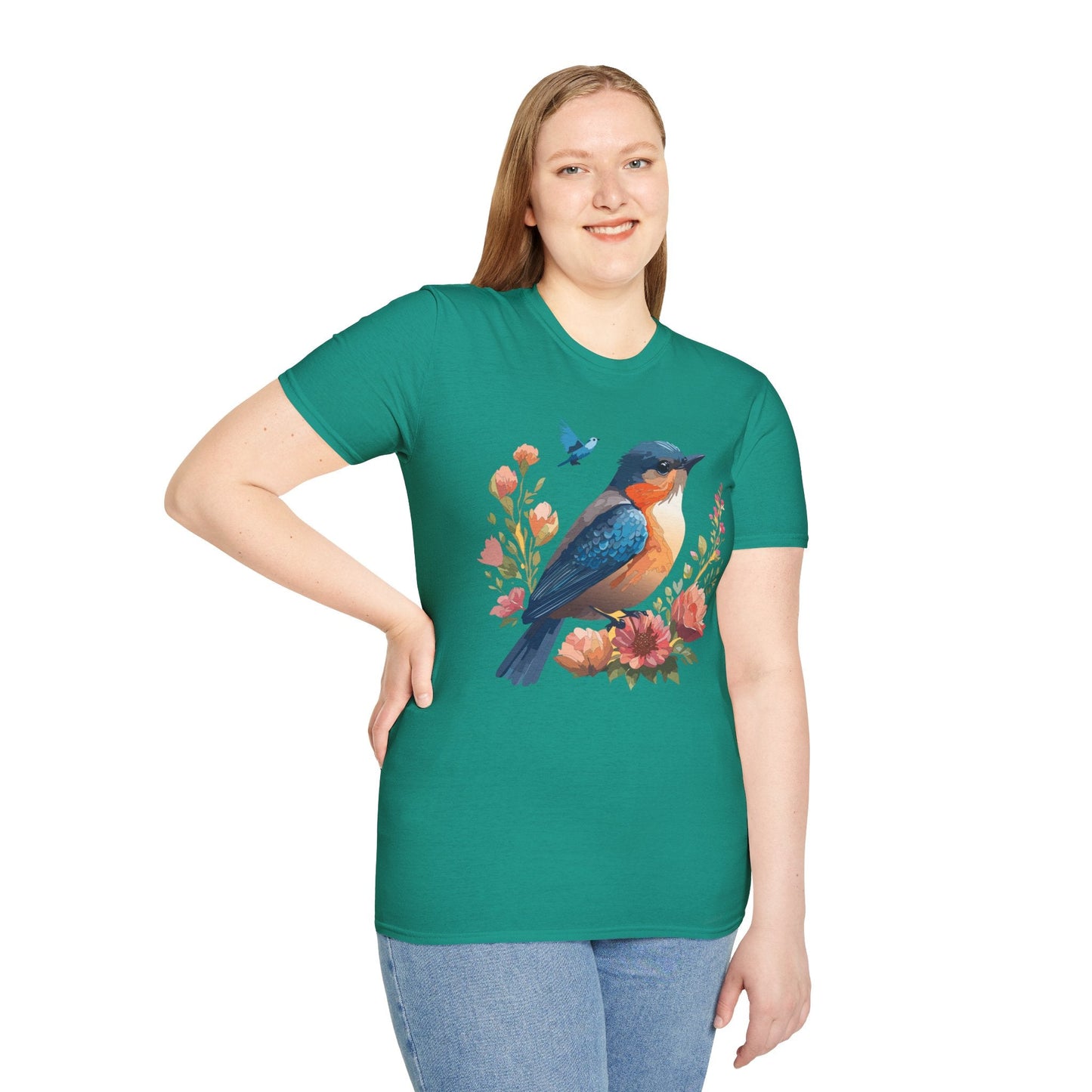 Unisex Floral Bird T Shirt Softstyle 64000 Gildan Ring Spun Cotton Tee Relaxed Fit