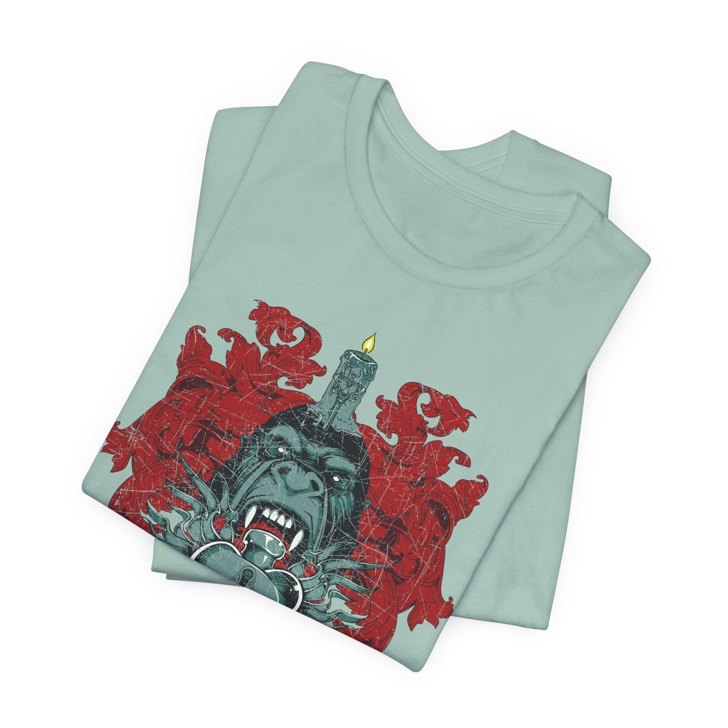 Gorilla Crest with Sword and Heart T-Shirt Heraldic Gothic Design Rock Band T-Shirt