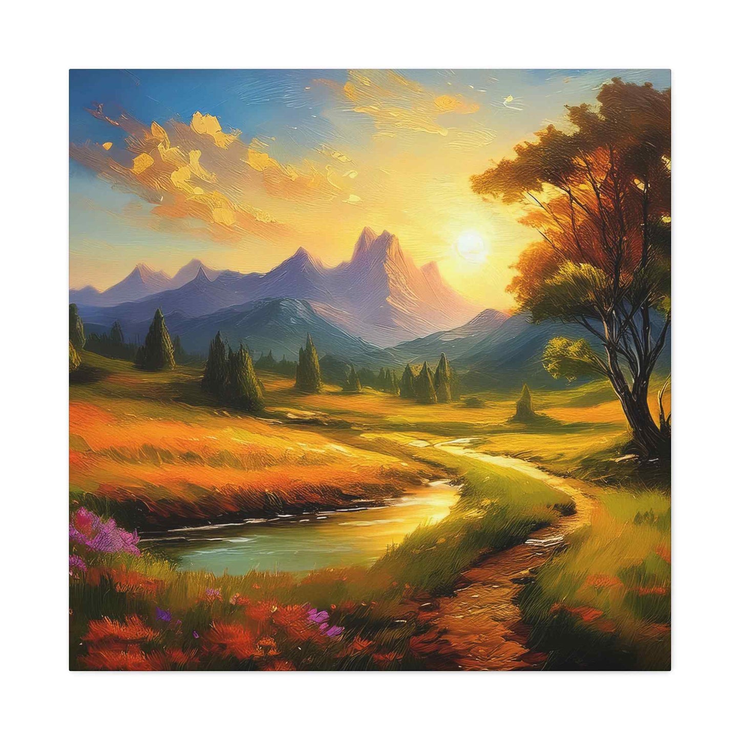 Landscape Print Canvas, Oil Paint Print 20x20, 24x24, 30x30, 32x32, 36x36 Art Design Print Pine-Wood Inner Frame MC-37