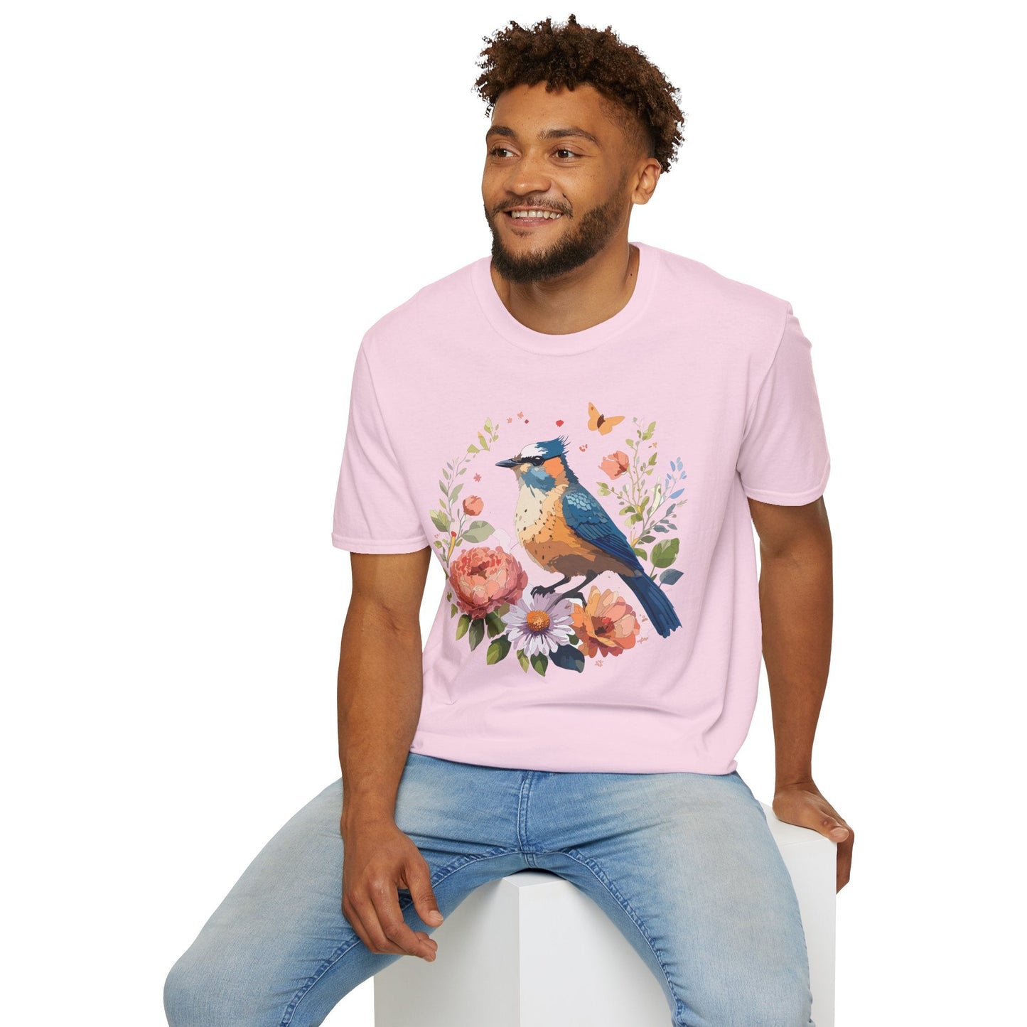Floral Bird T Shirt Unisex Softstyle Gildan 64000 Tee 100 Percent Ring Spun Cotton