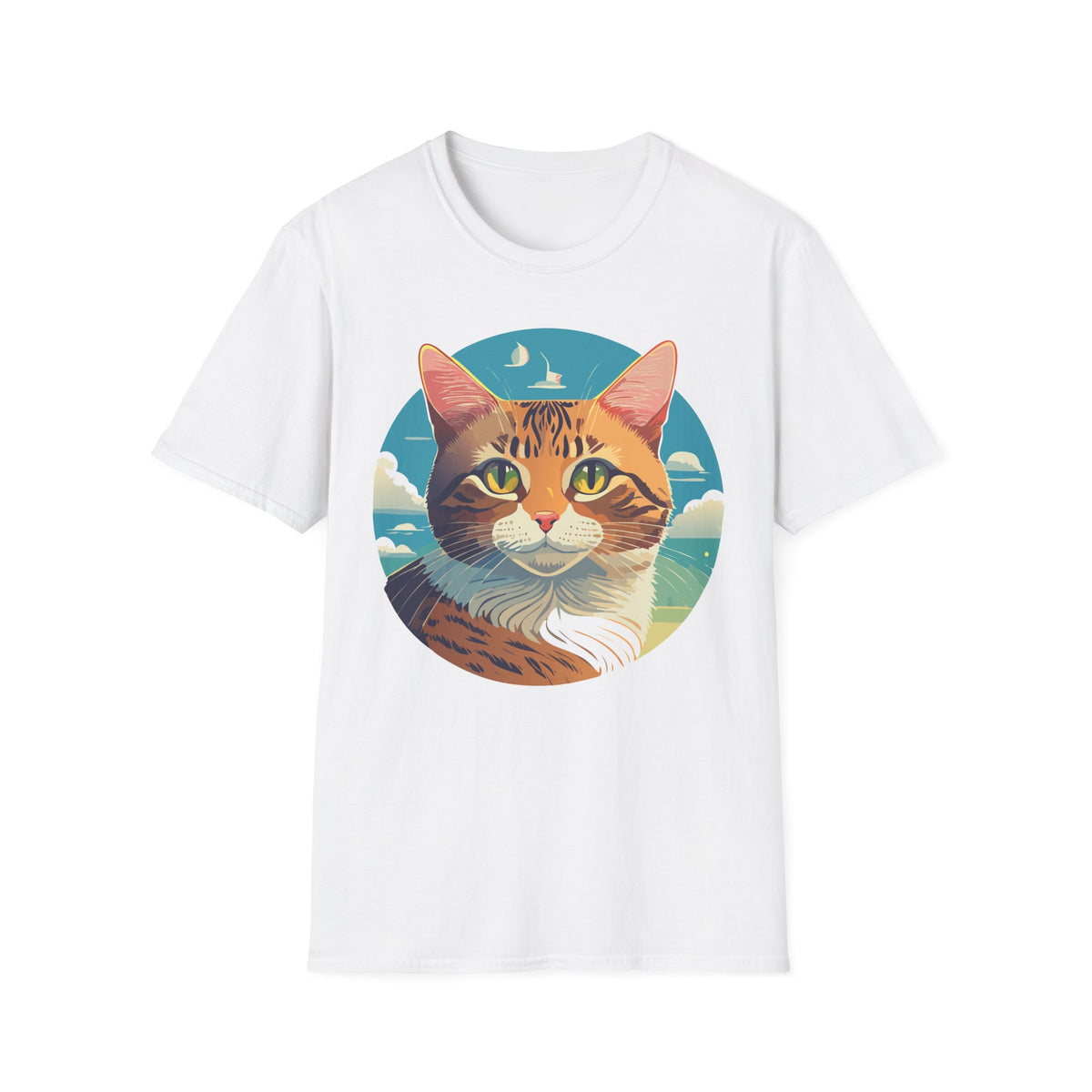 Sunset Tabby Cat T-Shirt | Cat Portrait Tee, Beach Sky Illustration