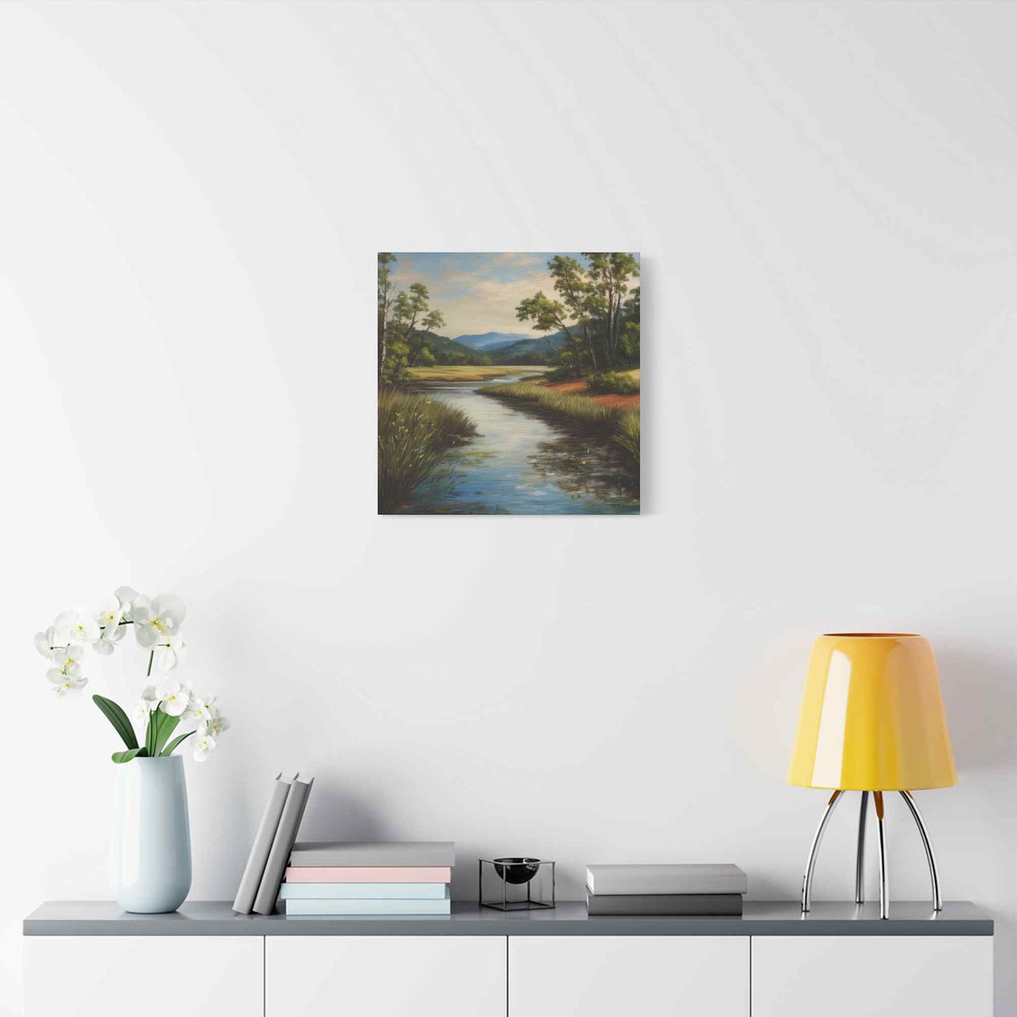 River Print Canvas, Landscape Oil Paint Print 20x20, 24x24, 30x30, 32x32, 36x36 Art Design Print Pine-Wood Inner Frame MC-50