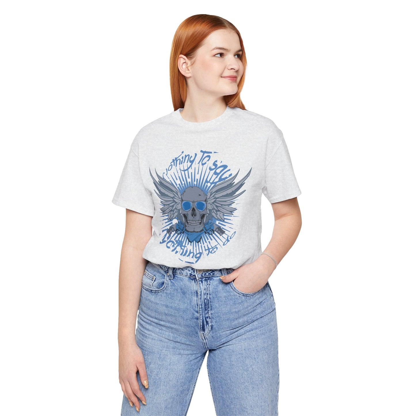 Winged Skull Graphic Tee | Blue Skull with Wings, Radiant Burst