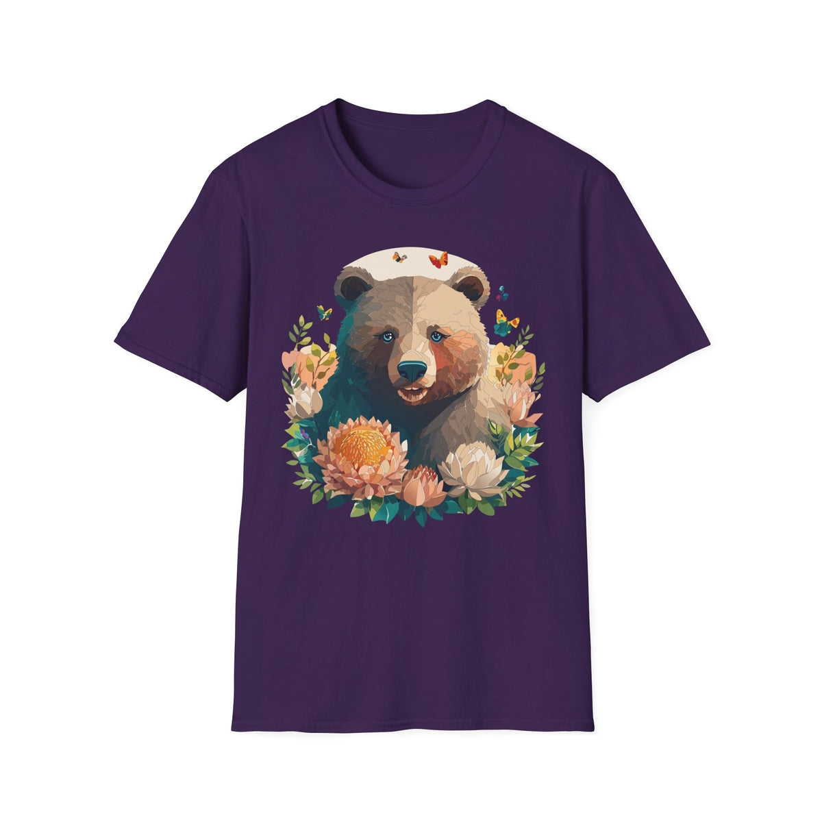 Floral Bear with Butterflies T-Shirt | Woodland Animal Graphic Tee Unisex 100 Cotton Gildan T-Shirt