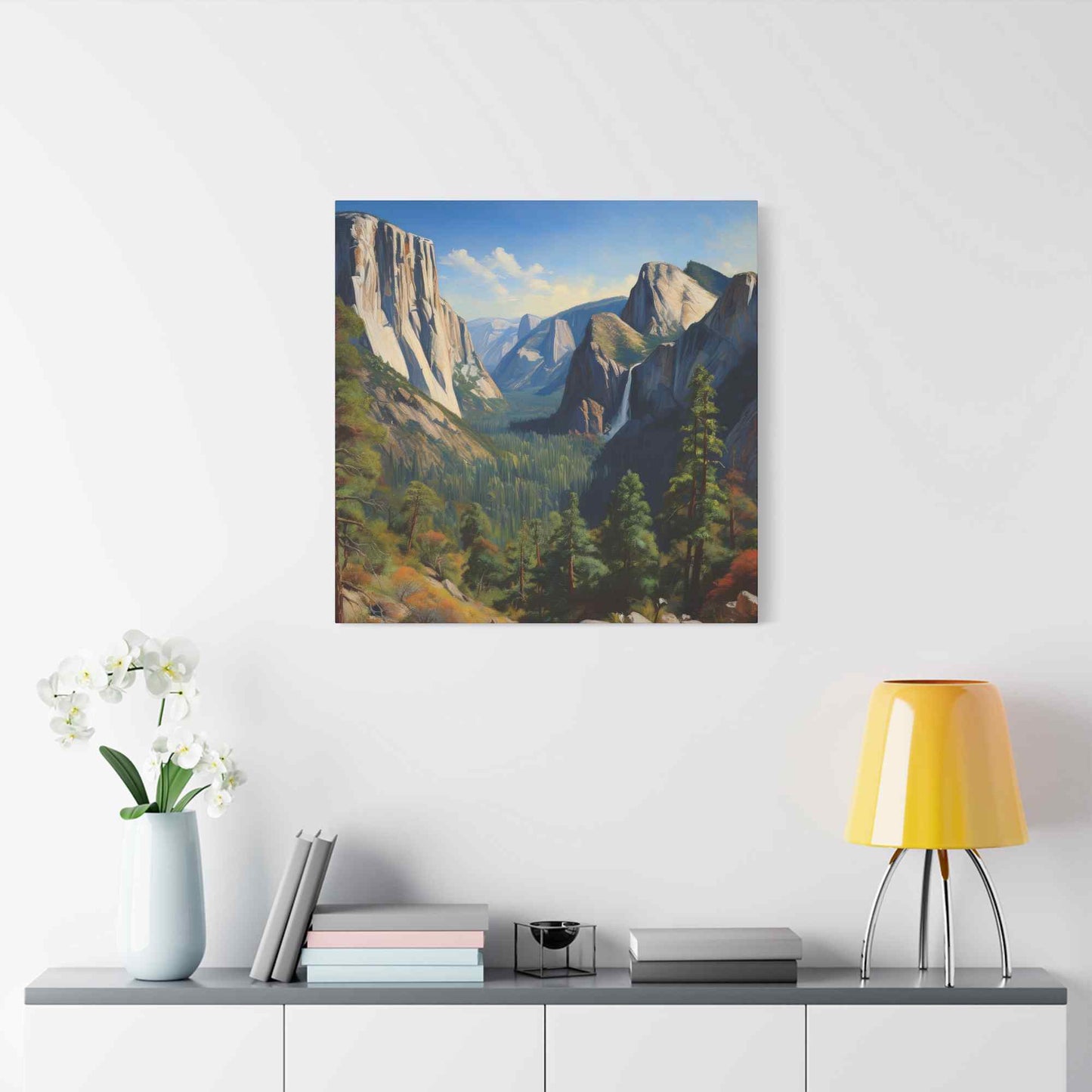 Yosemite Valley Print Canvas, Oil Paint Print 20x20, 24x24, 30x30, 32x32, 36x36 Art Design Print Pine-Wood Inner Frame MC-60