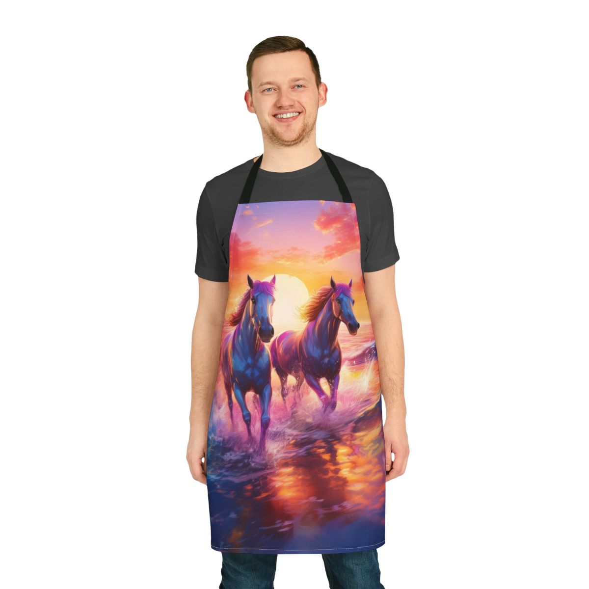 Sunset Horses Beach Apron — Vibrant Ocean Run Kitchen Apron Stain-Resistant - Art Print Canvas Apron