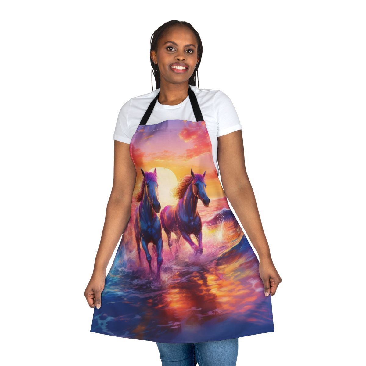 Sunset Horses Beach Apron — Vibrant Ocean Run Kitchen Apron Stain-Resistant - Art Print Canvas Apron