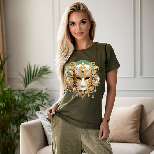 Carnival Mask Graphic T-Shirt Unisex 100 Cotton With Antique Gold Art Design Tee 16