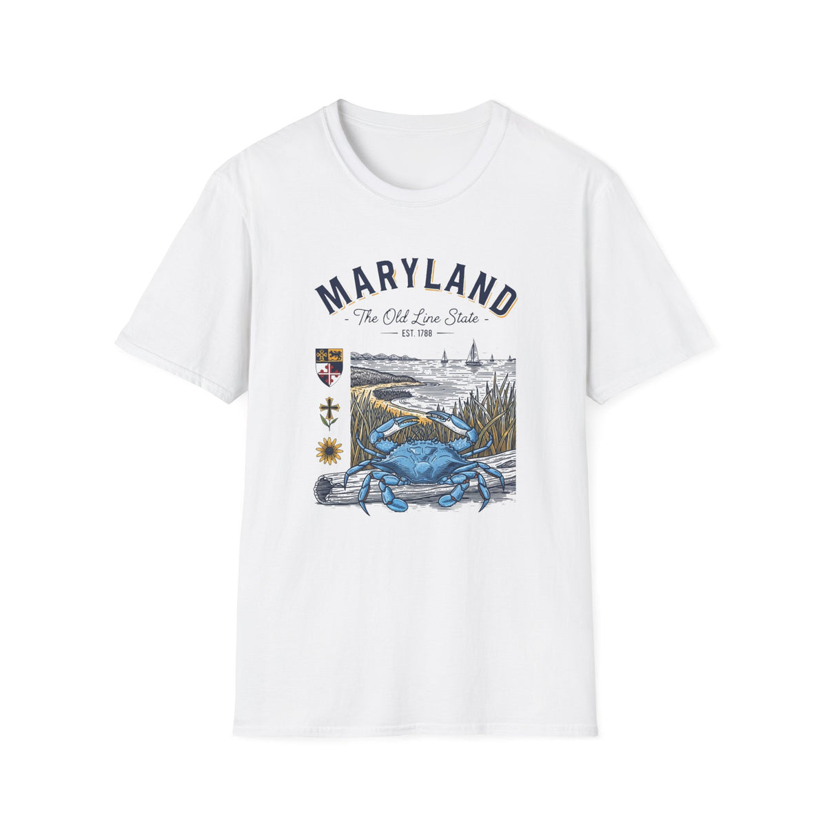 Maryland Blue Crab Scenic T-Shirt — The Old Line State Coastal Design Travel Tourist Graphic Design Unisex 100 Cotton Gildan T-Shirt