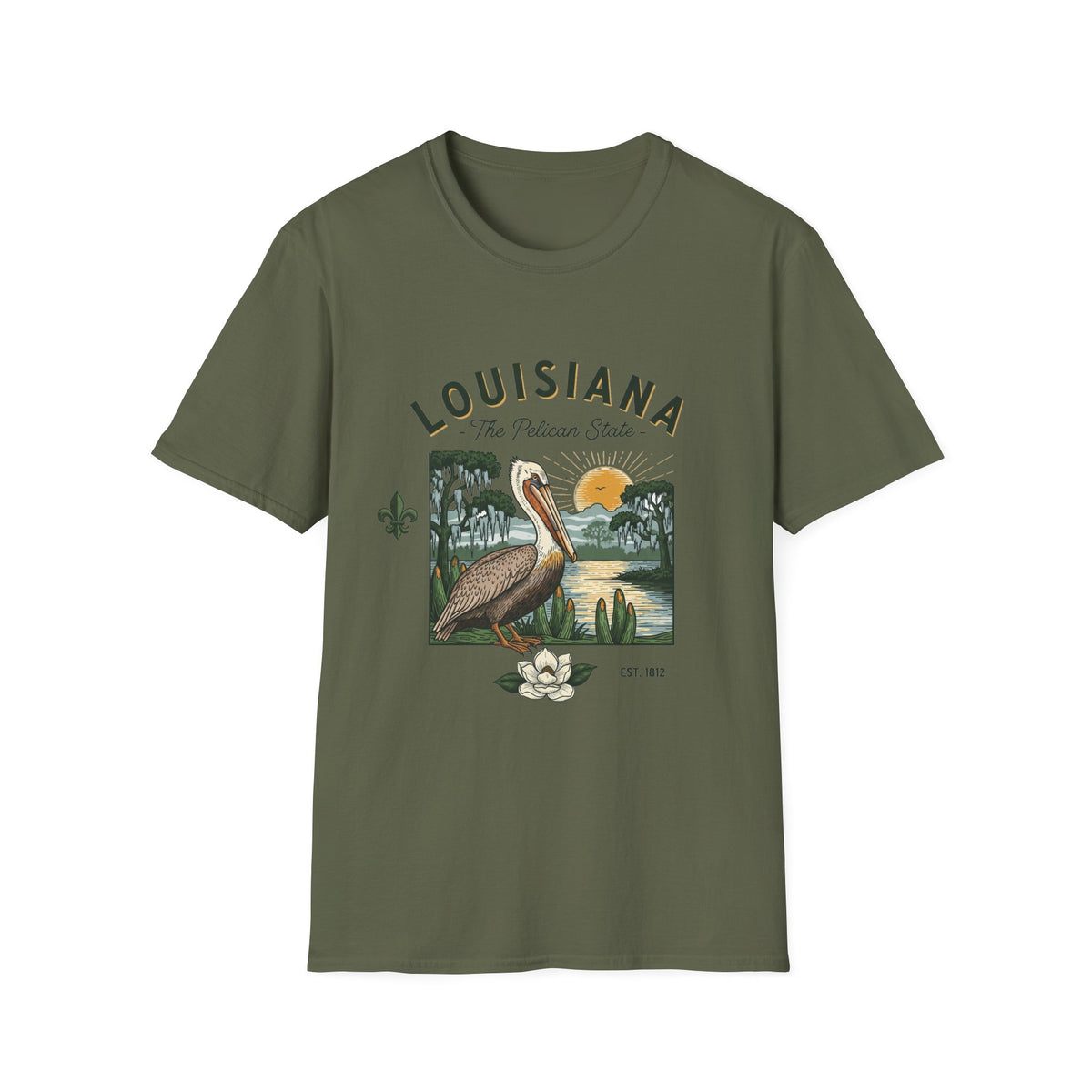 Louisiana Pelican Vintage Travel Tourist Graphic Design Unisex 100 Cotton Gildan T-Shirt