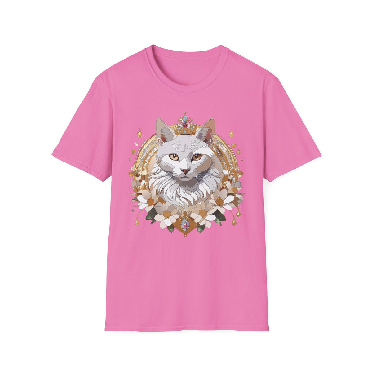Regal White Cat Illustration T-Shirt | Crowned Feline Art