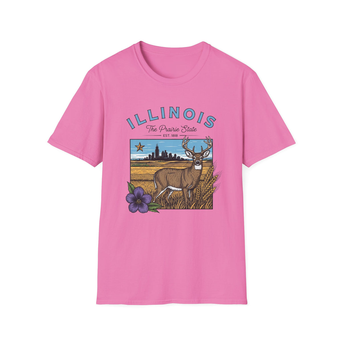 Illinois Deer State T-Shirt — The Prairie State Travel Tourist Graphic Design Unisex 100 Cotton Gildan T-Shirt