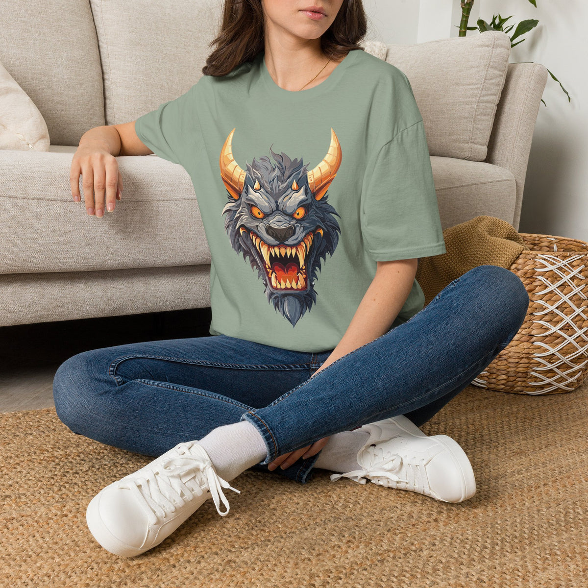 Demonic Beast Head T-Shirt — Horned Monster Cartoon Graphic Tee Unisex 100 Cotton Gildan T-Shirt