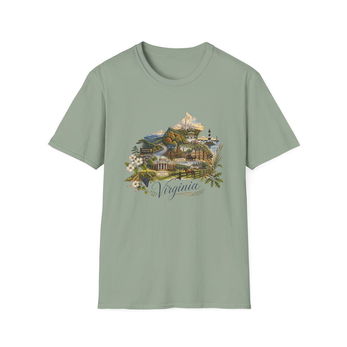 Virginia State Scenic T-Shirt — Vintage Mountains & Coastal Landmarks Travel Tourist Graphic Design Unisex 100 Cotton Gildan T-Shirt