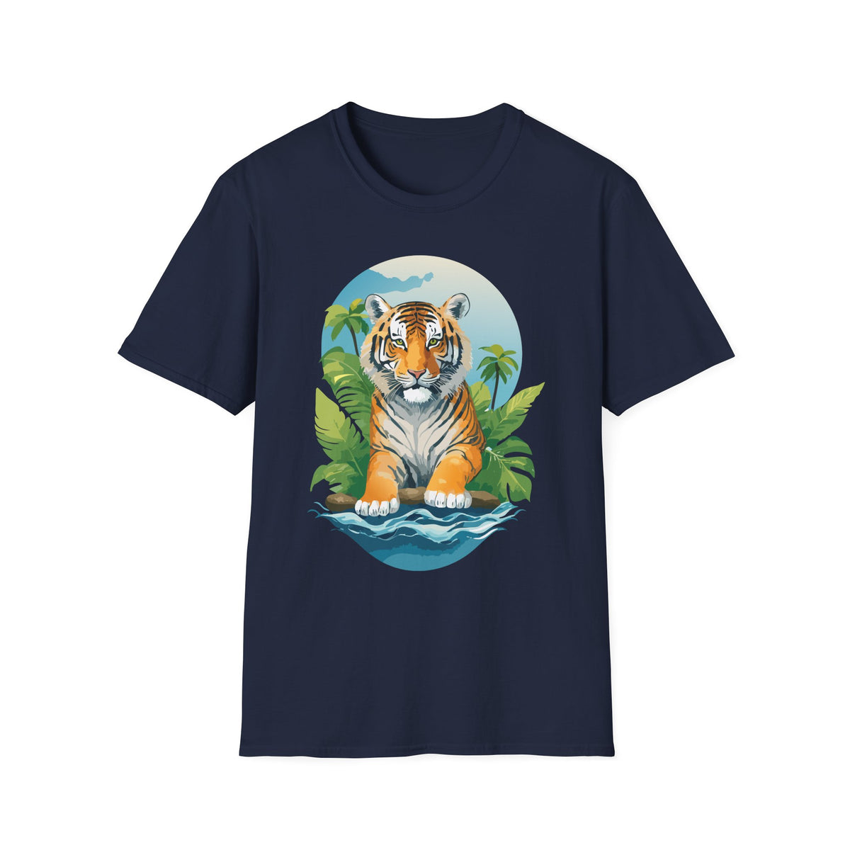 Tropical Tiger Illustration T-Shirt | Jungle Palm Sunset Tee