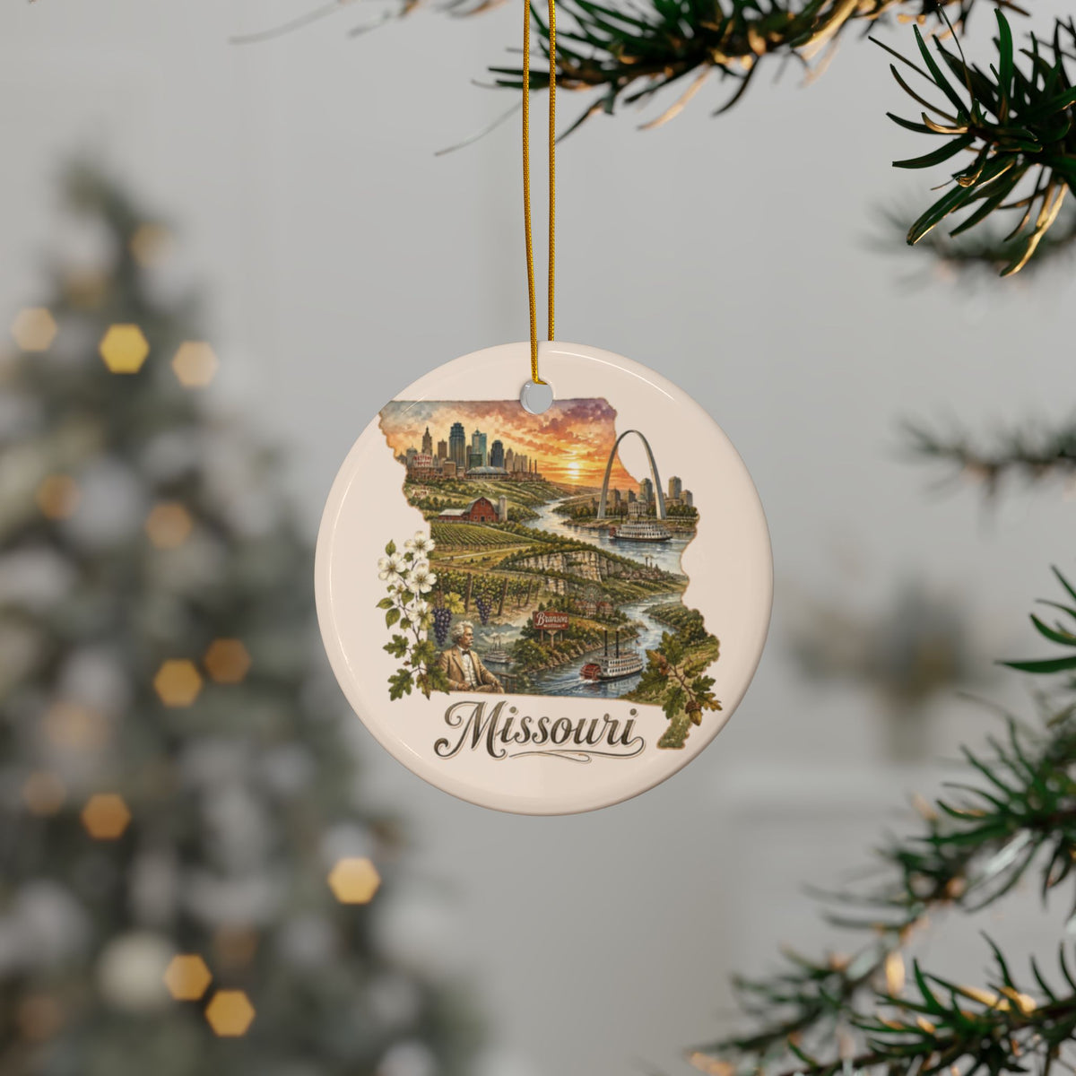 Missouri State Vintage Map Ornament | Ceramic Round Ornament - 2.99" Includes Gold String