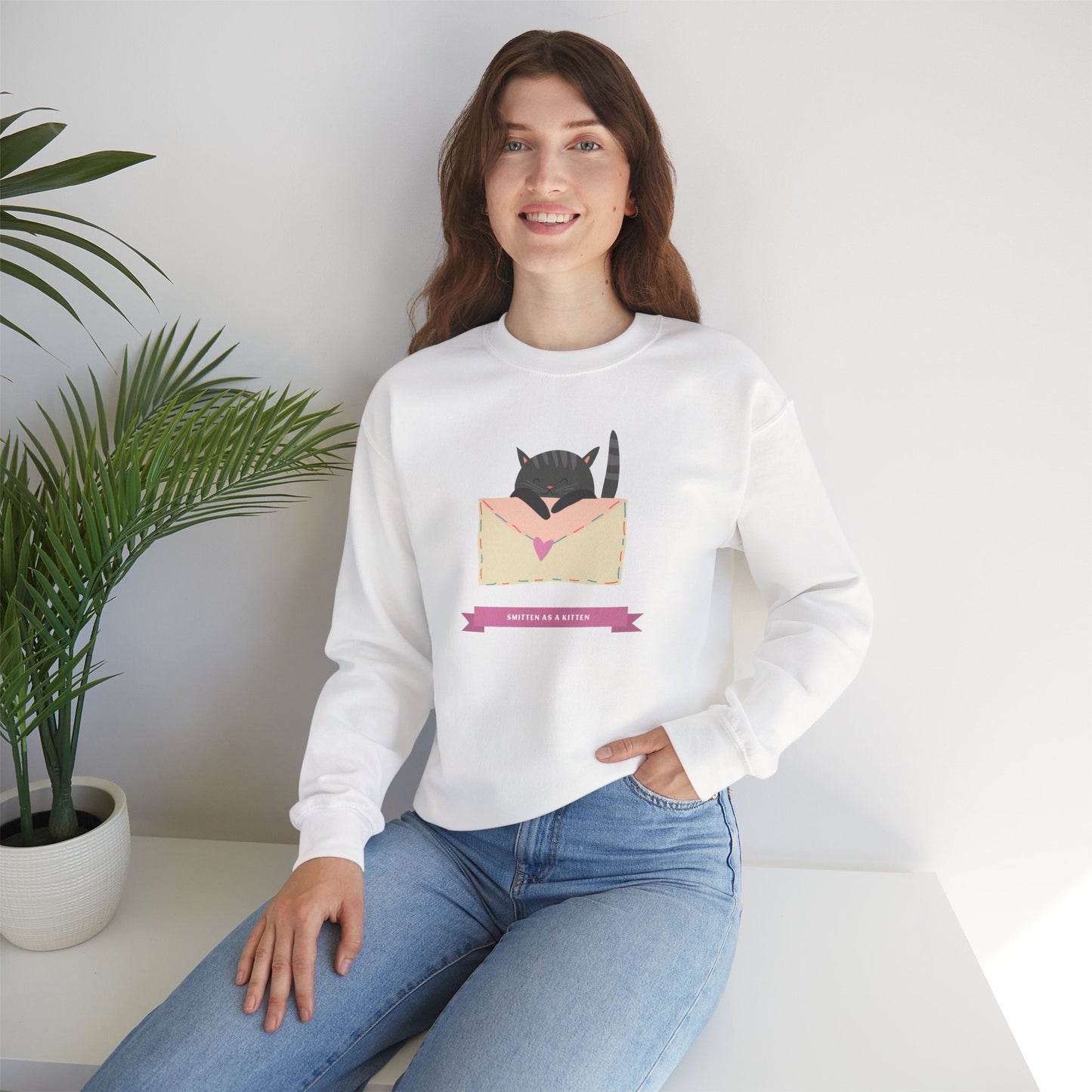 Cat Heart Sweatshirt Love For Cat Lovers Unisex Crewneck Fifty Fifty Cotton Poly Blend Gildan 18000
