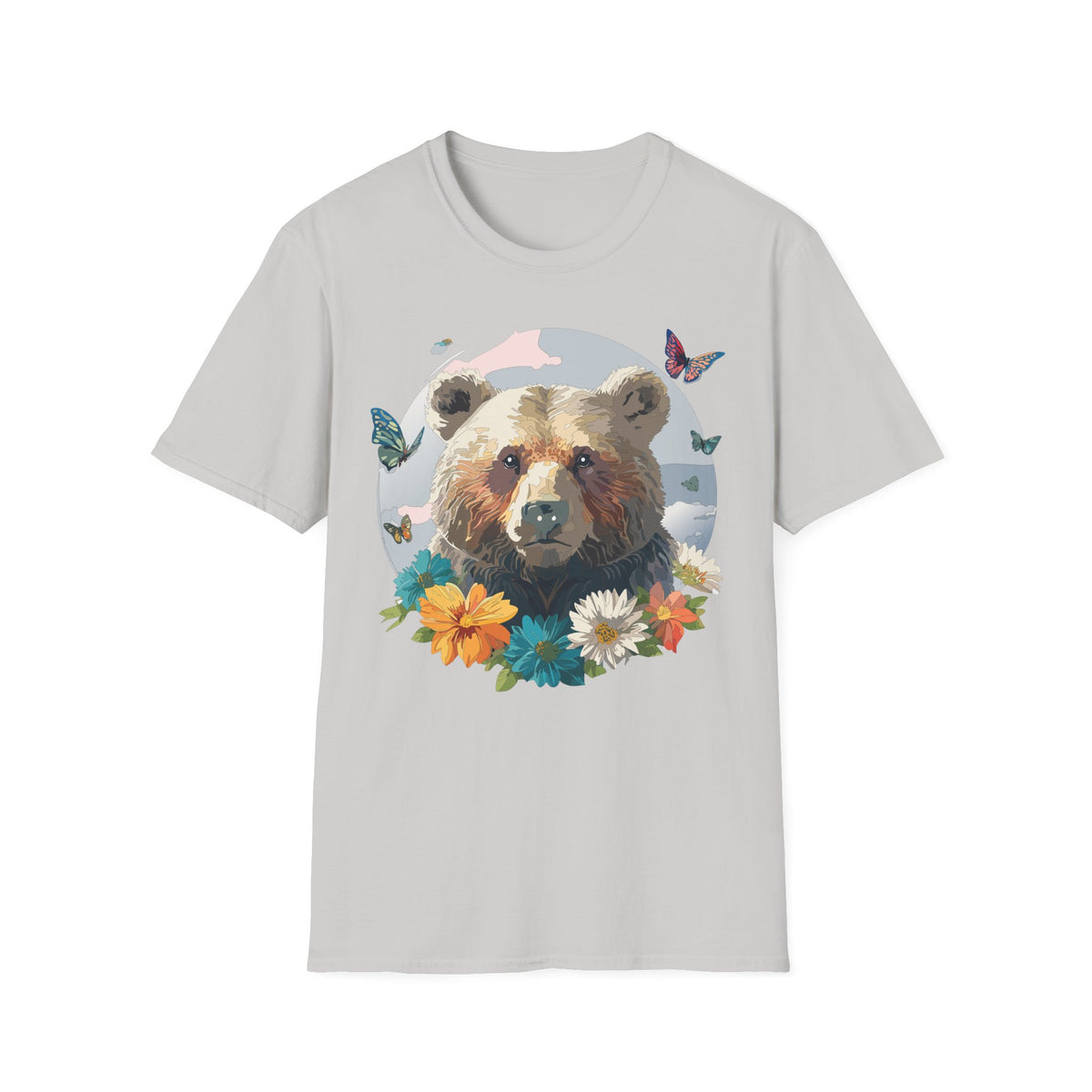 Bear Portrait with Butterflies T-Shirt | Floral Nature Animal Graphic Tee Unisex 100 Cotton Gildan T-Shirt