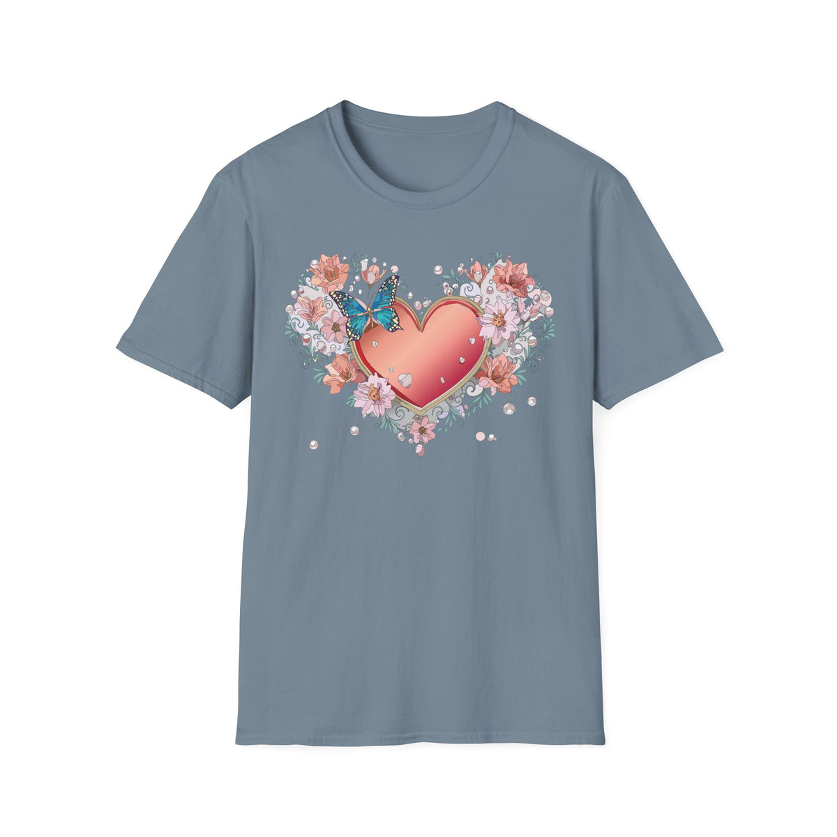 Butterfly Heart Floral Blue Butterfly Graphic Design Unisex 100 Cotton Gildan T-Shirt