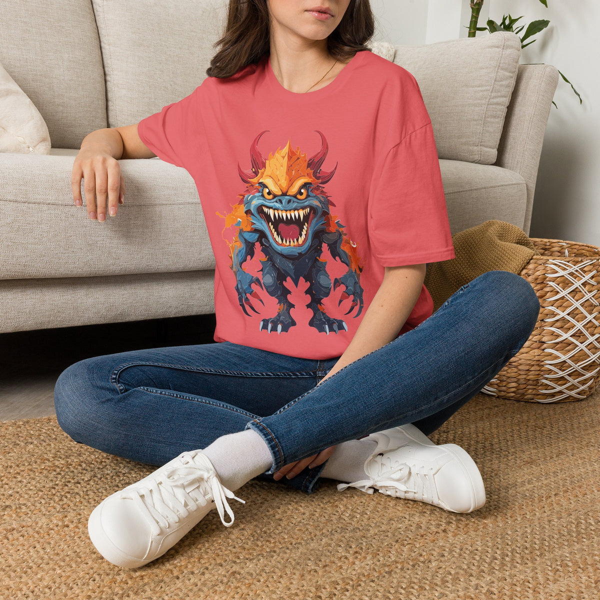 Monster T-Shirt — Fiery Demon Creature Cartoon Graphic Tee Unisex 100 Cotton Gildan T-Shirt