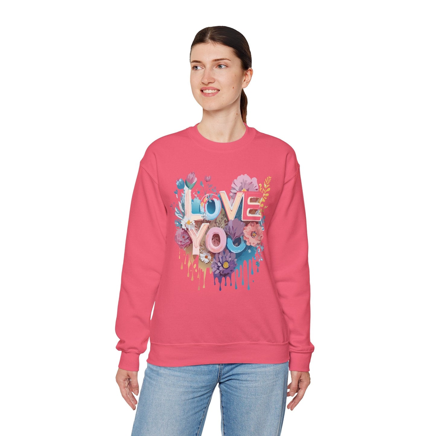 Floral Love Sweatshirt Unisex Heavy Blend Crewneck Valentine Day Flower Print Cozy Fleece Warm Gift