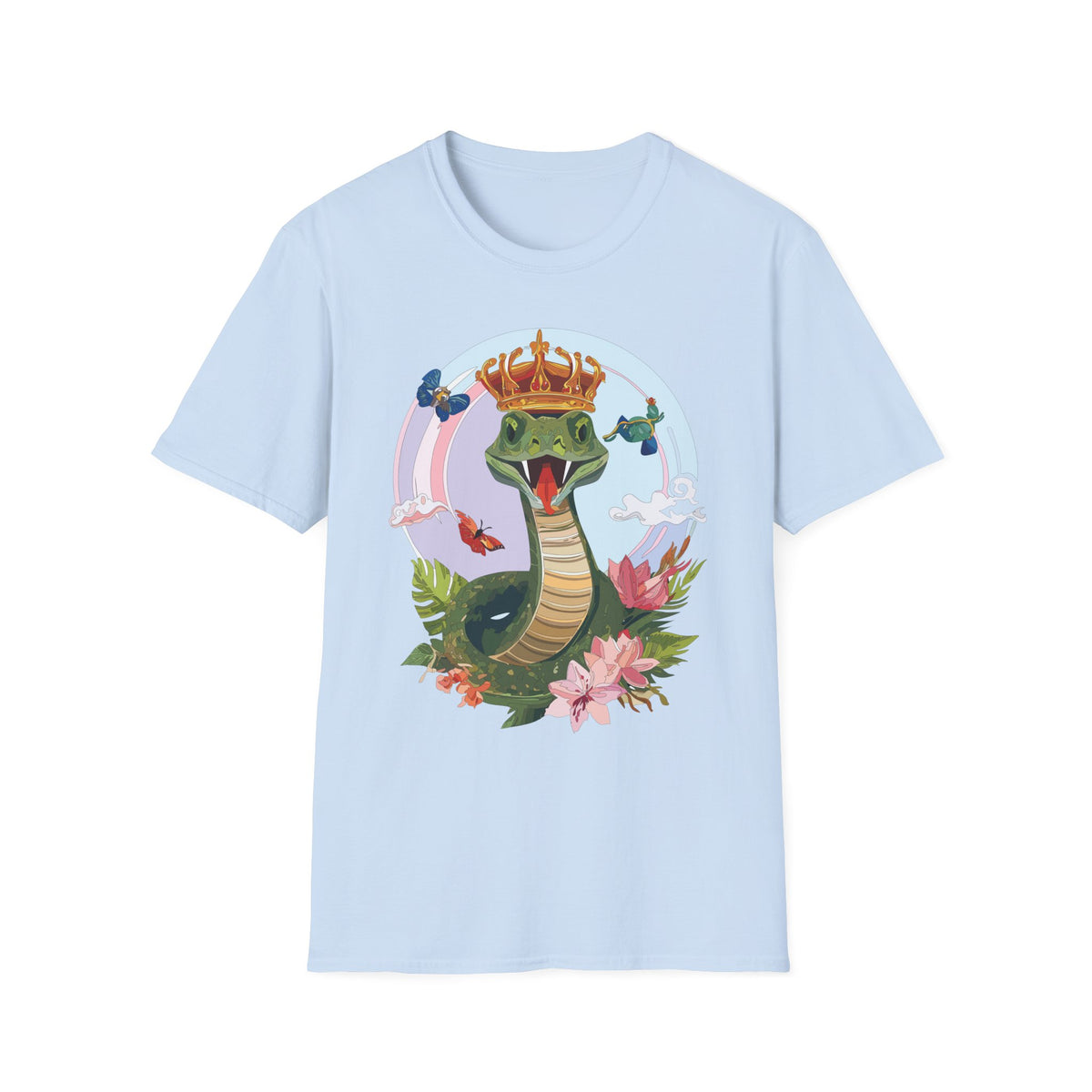 Crowned Snake Illustration T-Shirt | Regal Snake with Crown and Butterflies