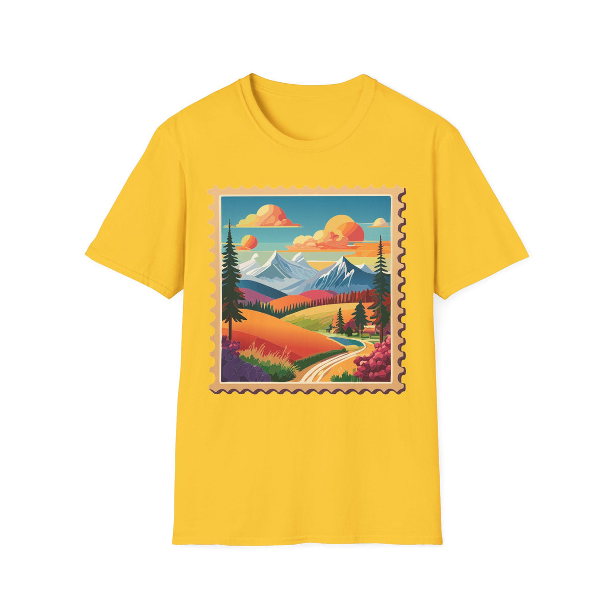 Vintage Mountain Landscape T-Shirt | Scenic Stamp Illustration