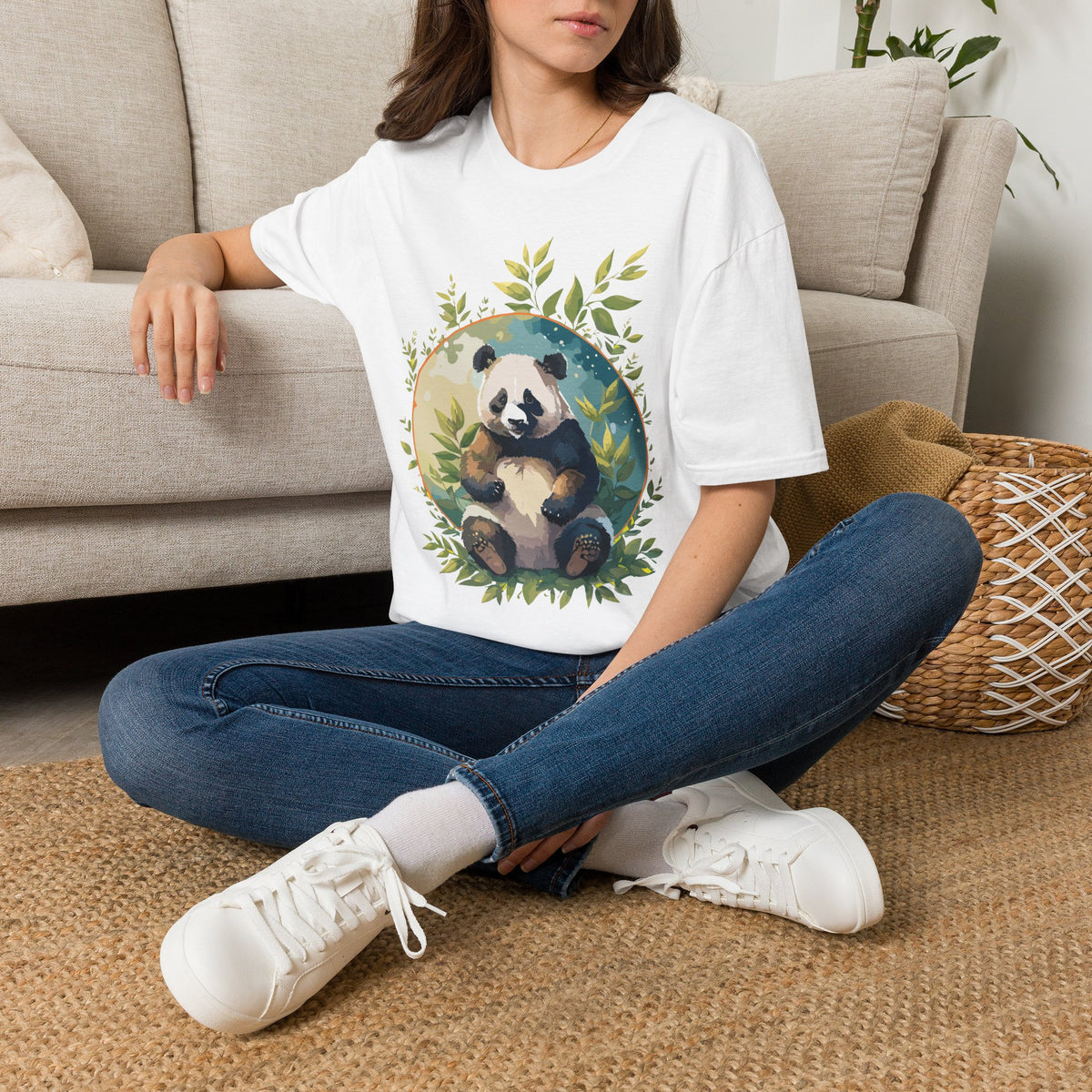 Panda with Leaves T-Shirt | Cute Panda Illustration Tee