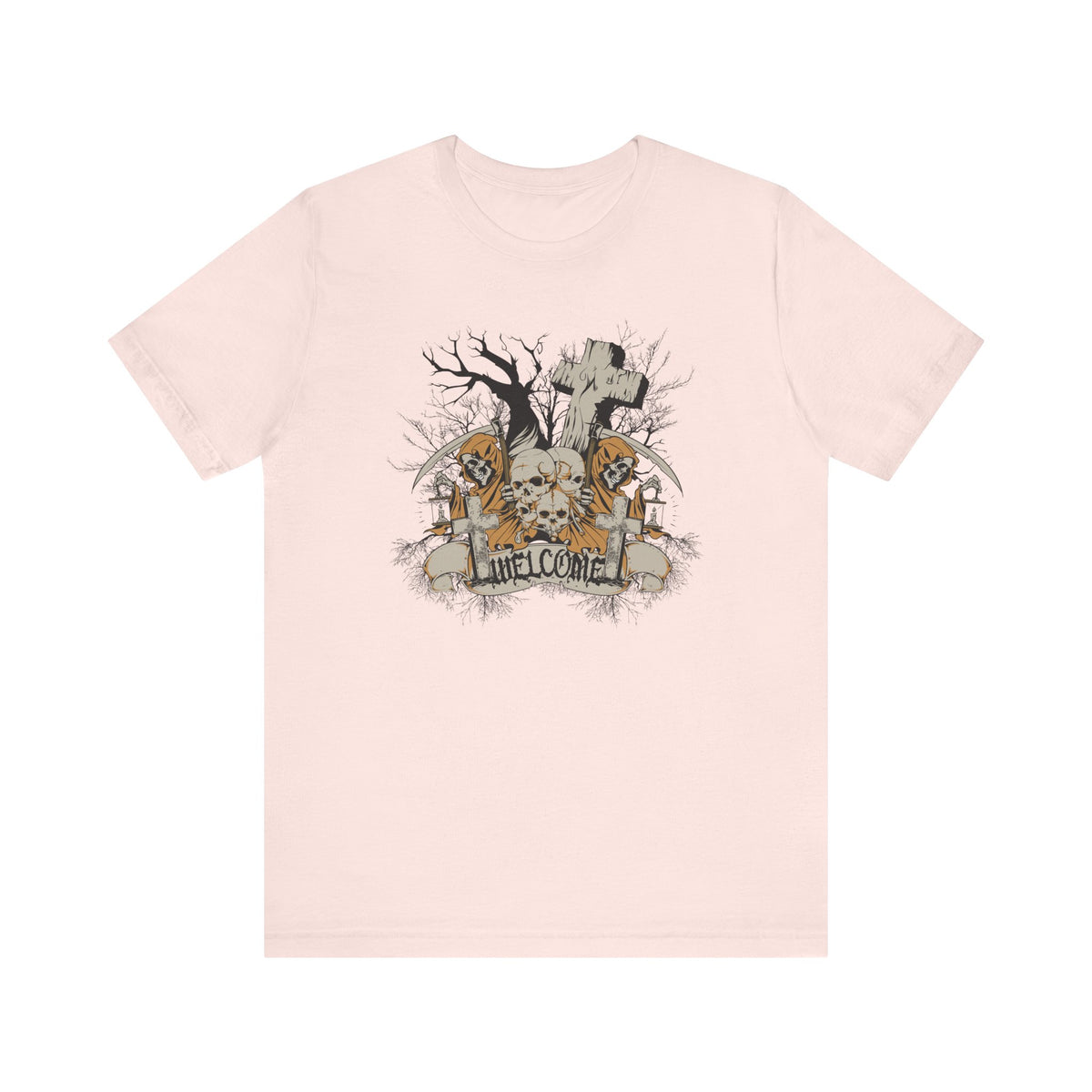 Skull Graveyard Welcome Tee Halloween Haunted Tree Cross Tombstone Unisex Cotton Art-50