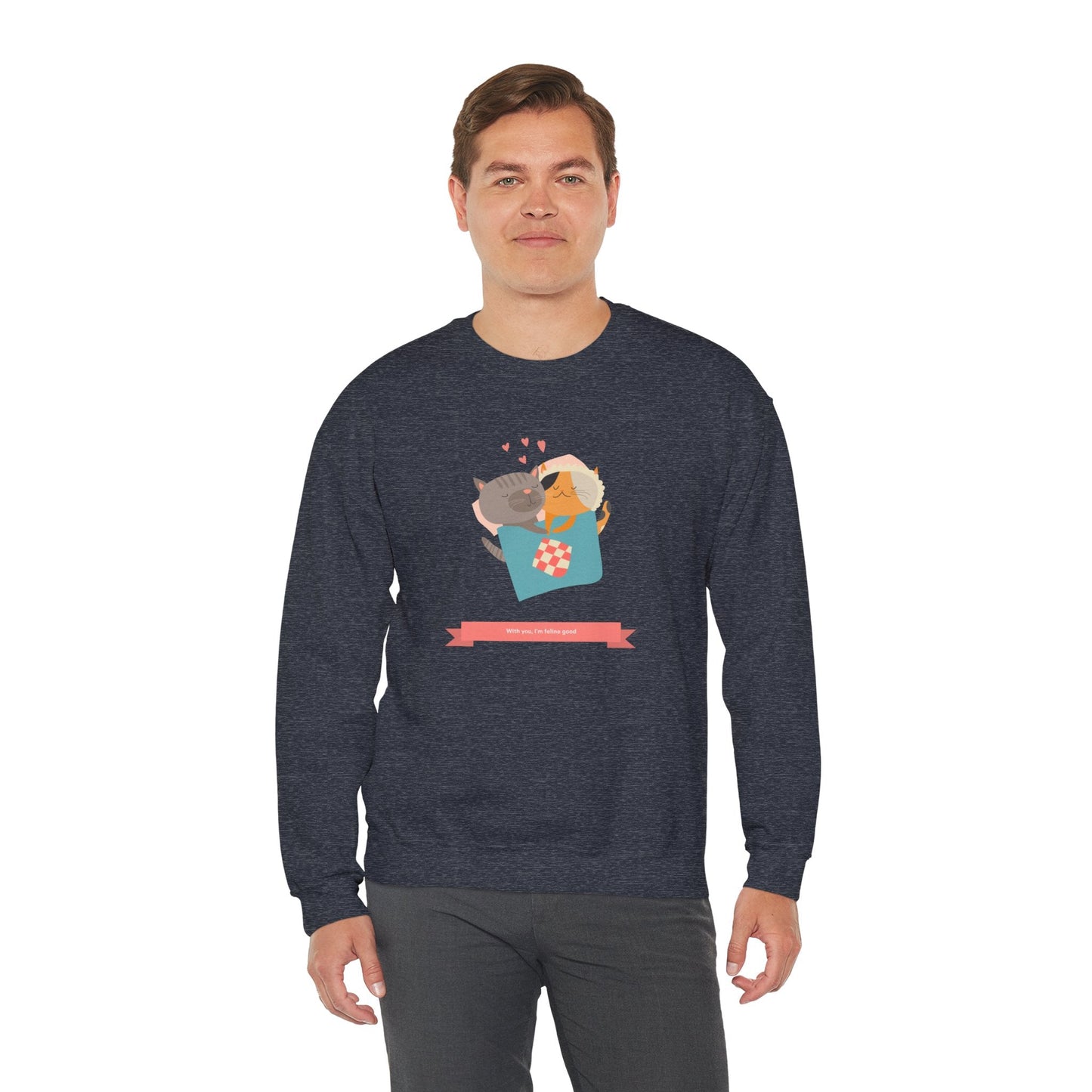 Cat Heart Sweatshirt Unisex Valentines Day 50 50 Cotton Poly Crewneck Gildan 18000