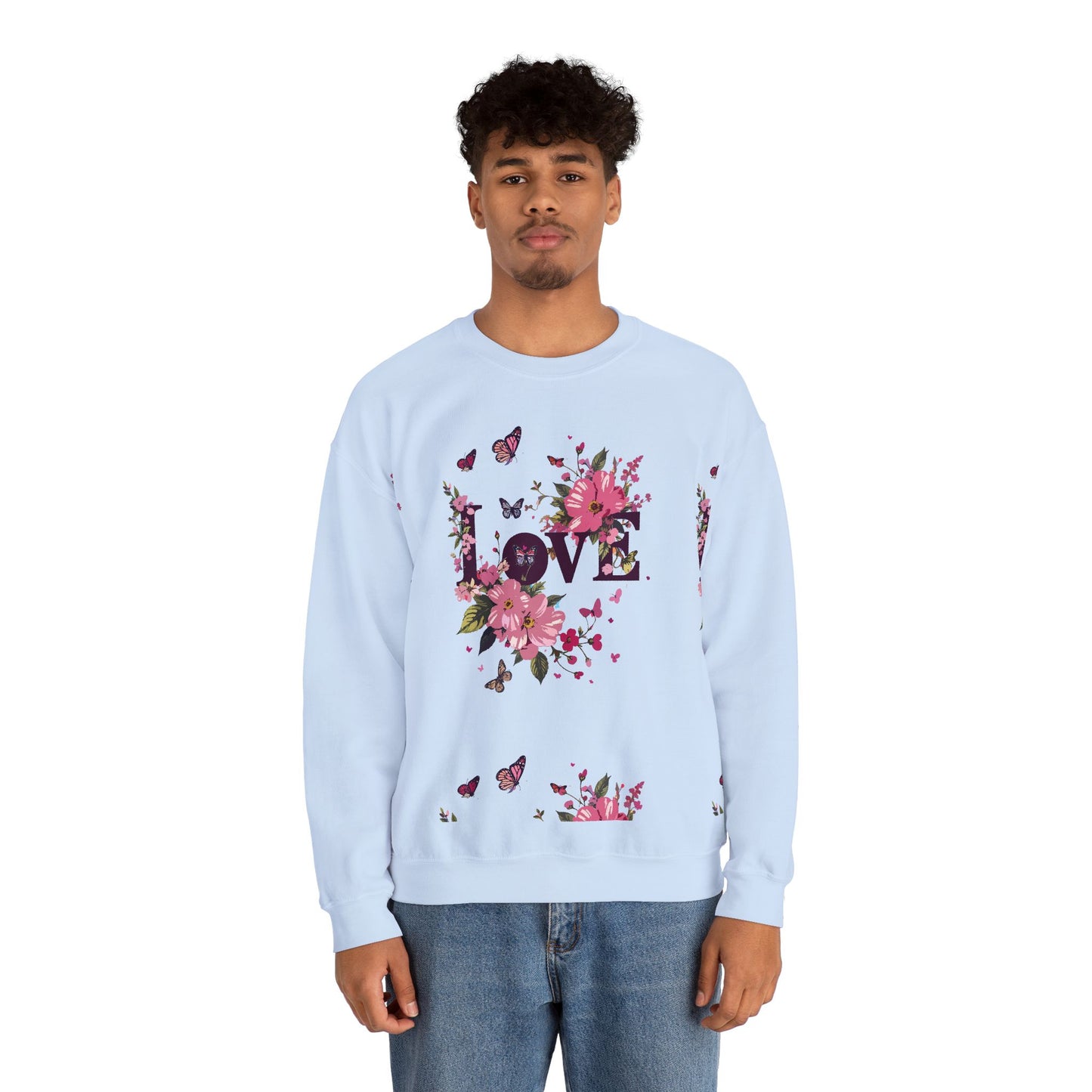 Unisex Floral Love Sweatshirt, Love Floral Sweatshirt, Floral Butterfly Sweatshirt, 50/50 Cotton-Poly Valentine's Day Sweatshirt 05