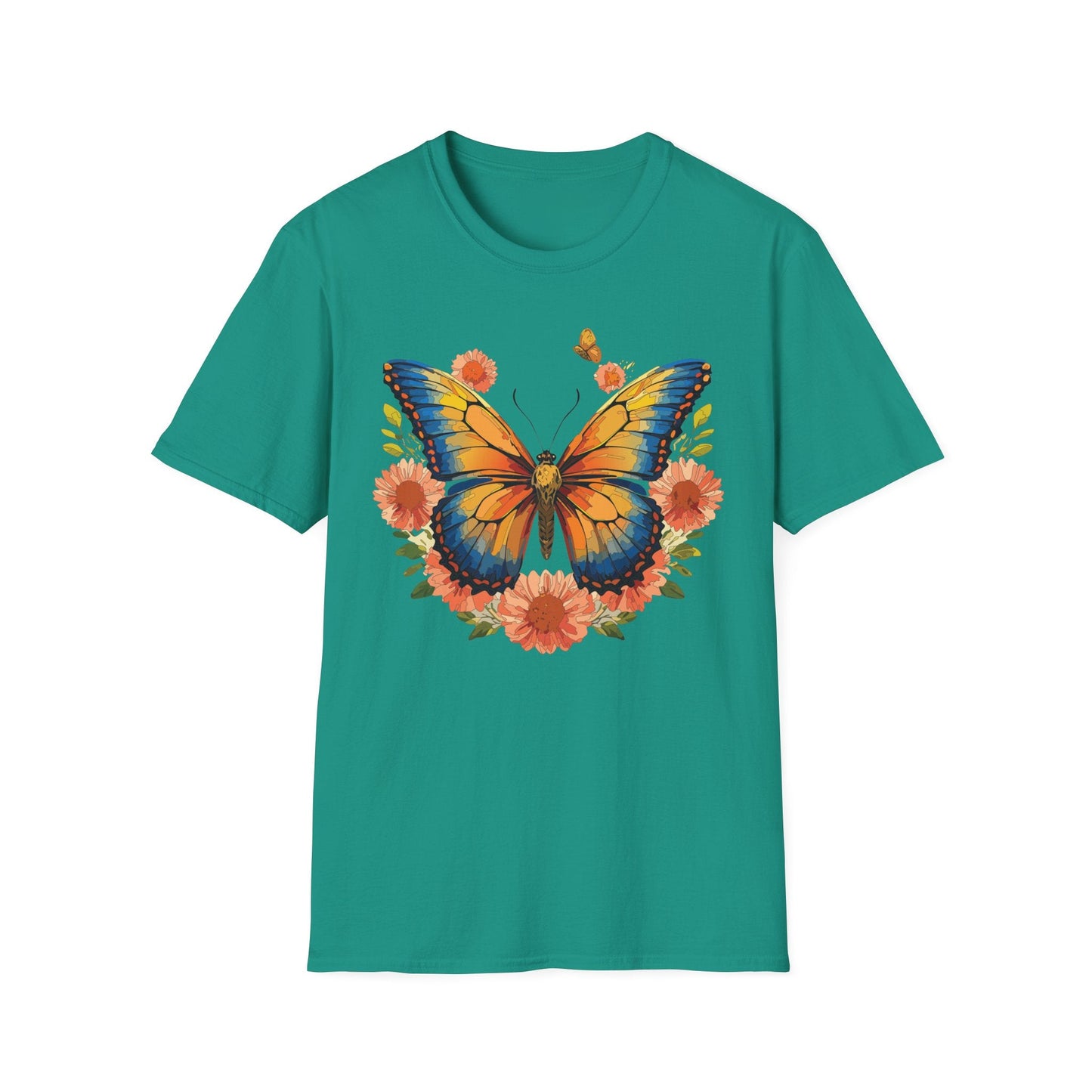 Butterfly T Shirt Unisex Softstyle Gildan 64000 Monarch Print 100 Percent Ring Spun Cotton