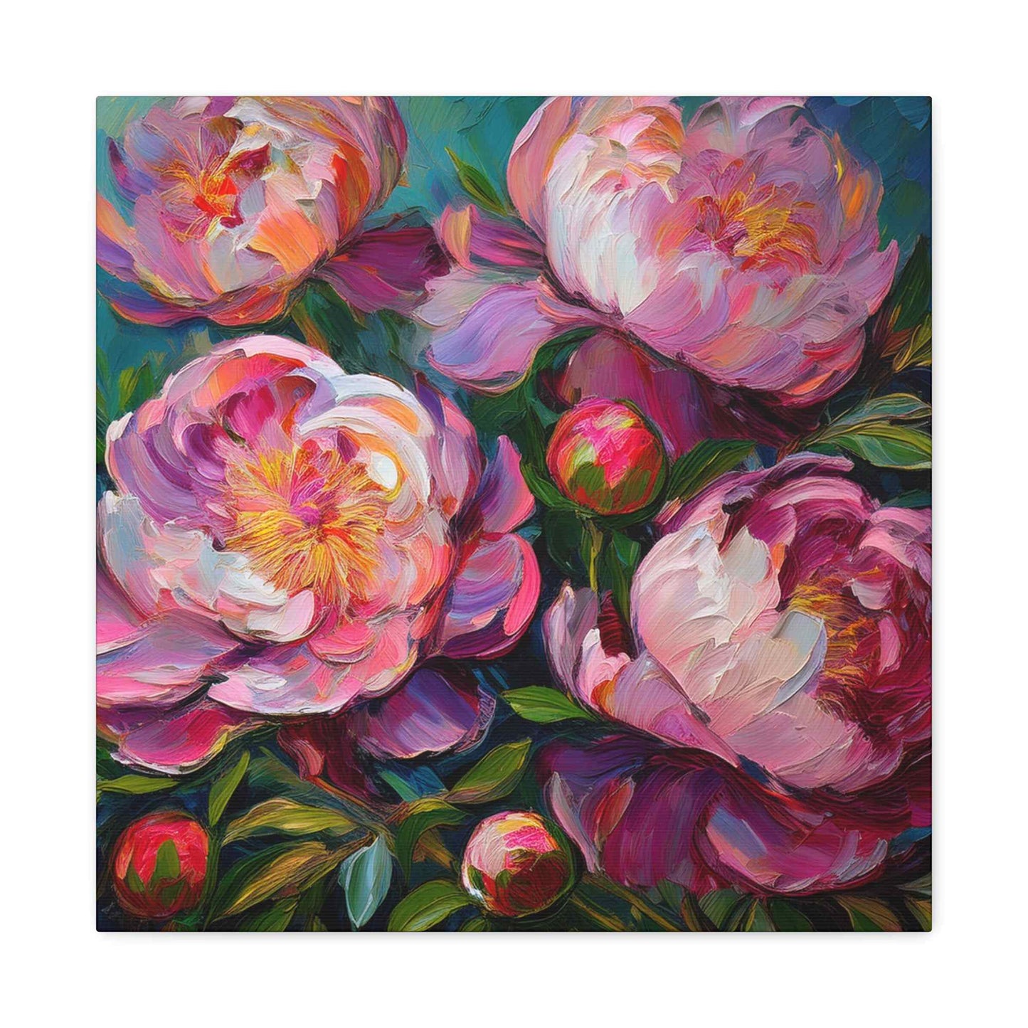 Pink Peonies Print Canvas, Floral Oil Paint Print 20x20, 24x24, 30x30, 32x32, 36x36 Art Design Pine-Wood Inner Frame MC-114