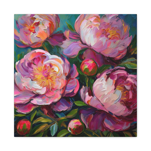 Pink Peonies Print Canvas, Floral Oil Paint Print 20x20, 24x24, 30x30, 32x32, 36x36 Art Design Pine-Wood Inner Frame MC-114