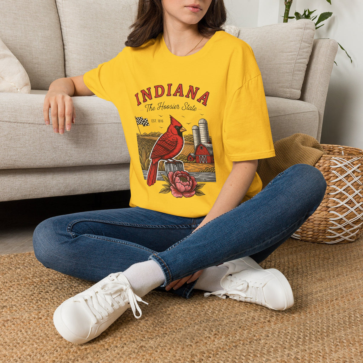 Indiana Cardinal Bird Farm Tee — Indiana The Hoosier State Graphic Travel Tourist Graphic Design Unisex 100 Cotton Gildan T-Shirt