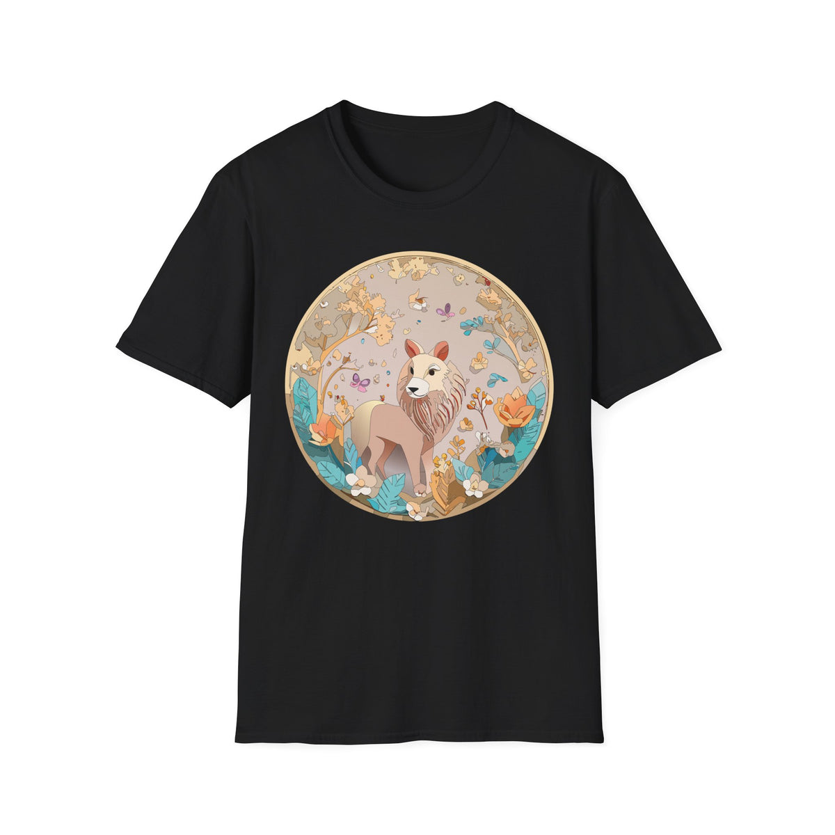 Whimsical Lion Garden Illustration T-Shirt | Floral Circle Art