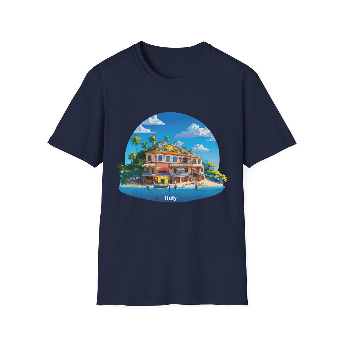 Italy Tropical Beach House Palm Trees T-Shirt | Seaside Villa Illustration