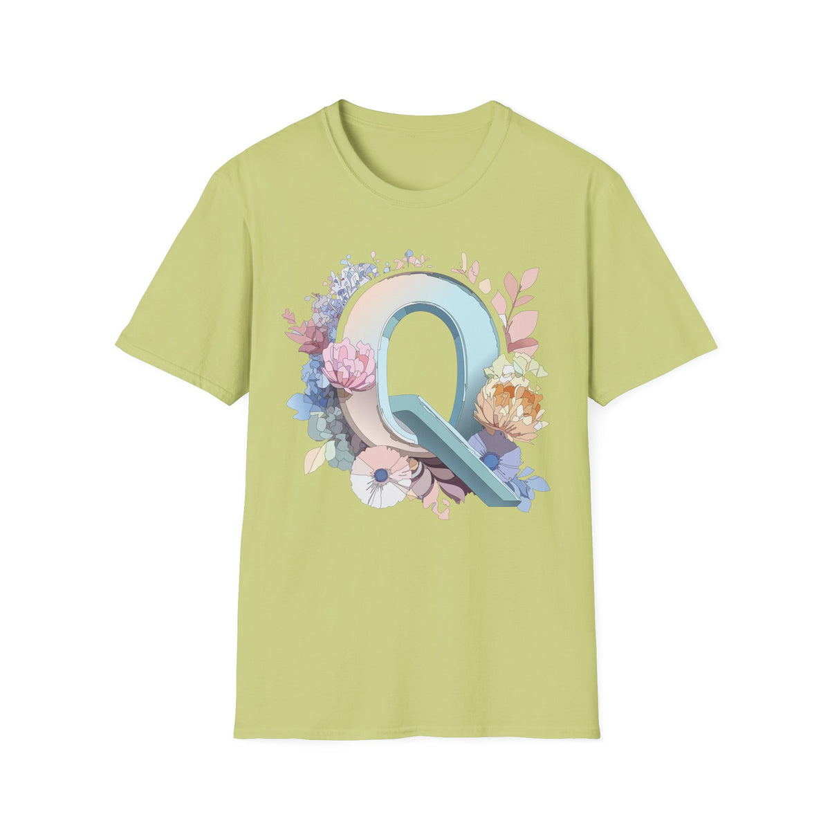Floral Letter Q T-Shirt | Monogram Initial Tee, Pastel Botanical Alphabet