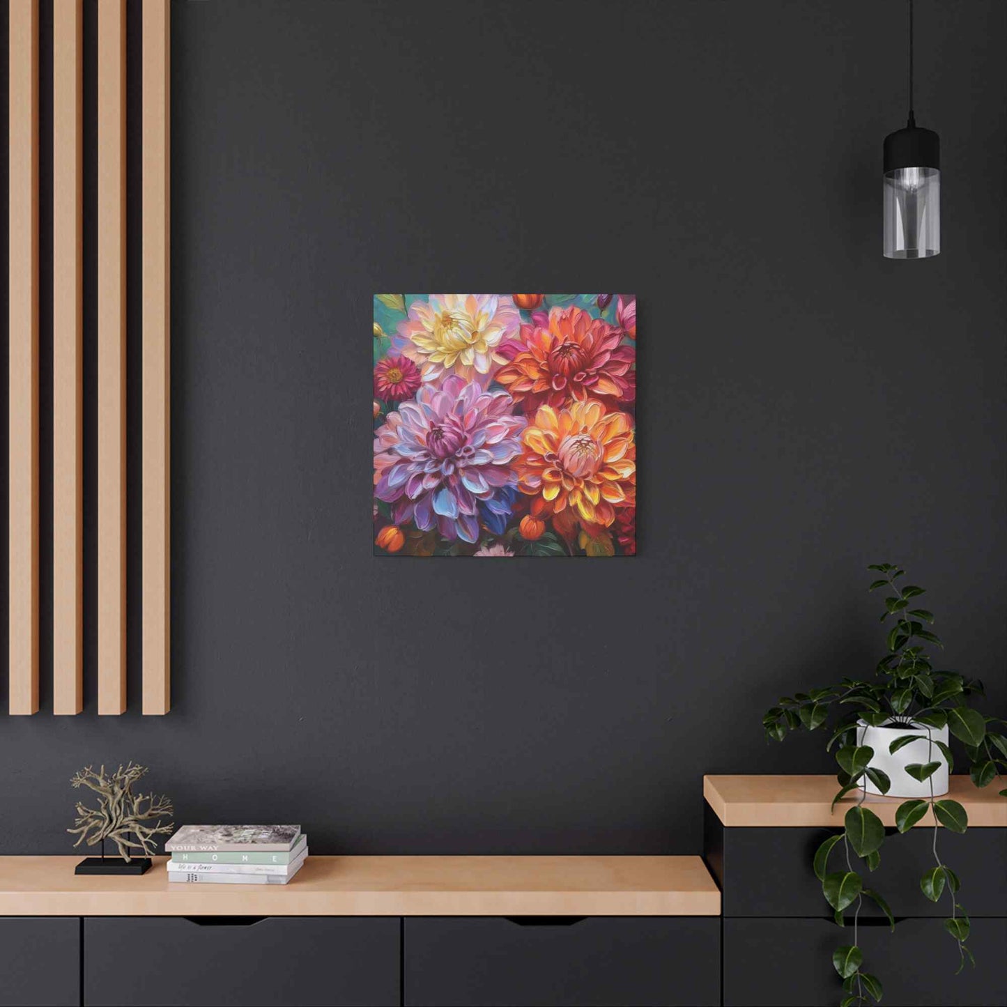 Dahlias Floral Print Canvas, Floral Oil Paint Print 20x20, 24x24, 30x30, 32x32, 36x36 Art Design Pine-Wood Inner Frame MC-167