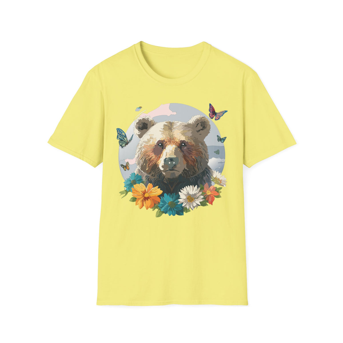 Bear Portrait with Butterflies T-Shirt | Floral Nature Animal Graphic Tee Unisex 100 Cotton Gildan T-Shirt