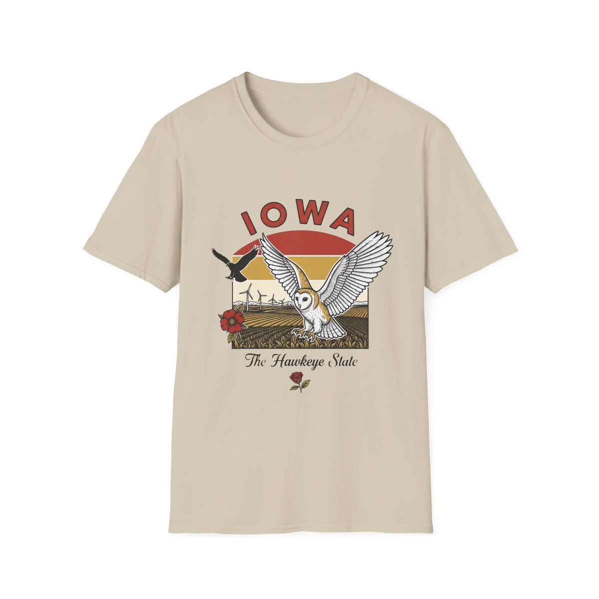 Iowa Barn Owl Tee — The Hawkeye State Vintage Sunset Tee Travel Tourist Graphic Design Unisex 100 Cotton Gildan T-Shirt