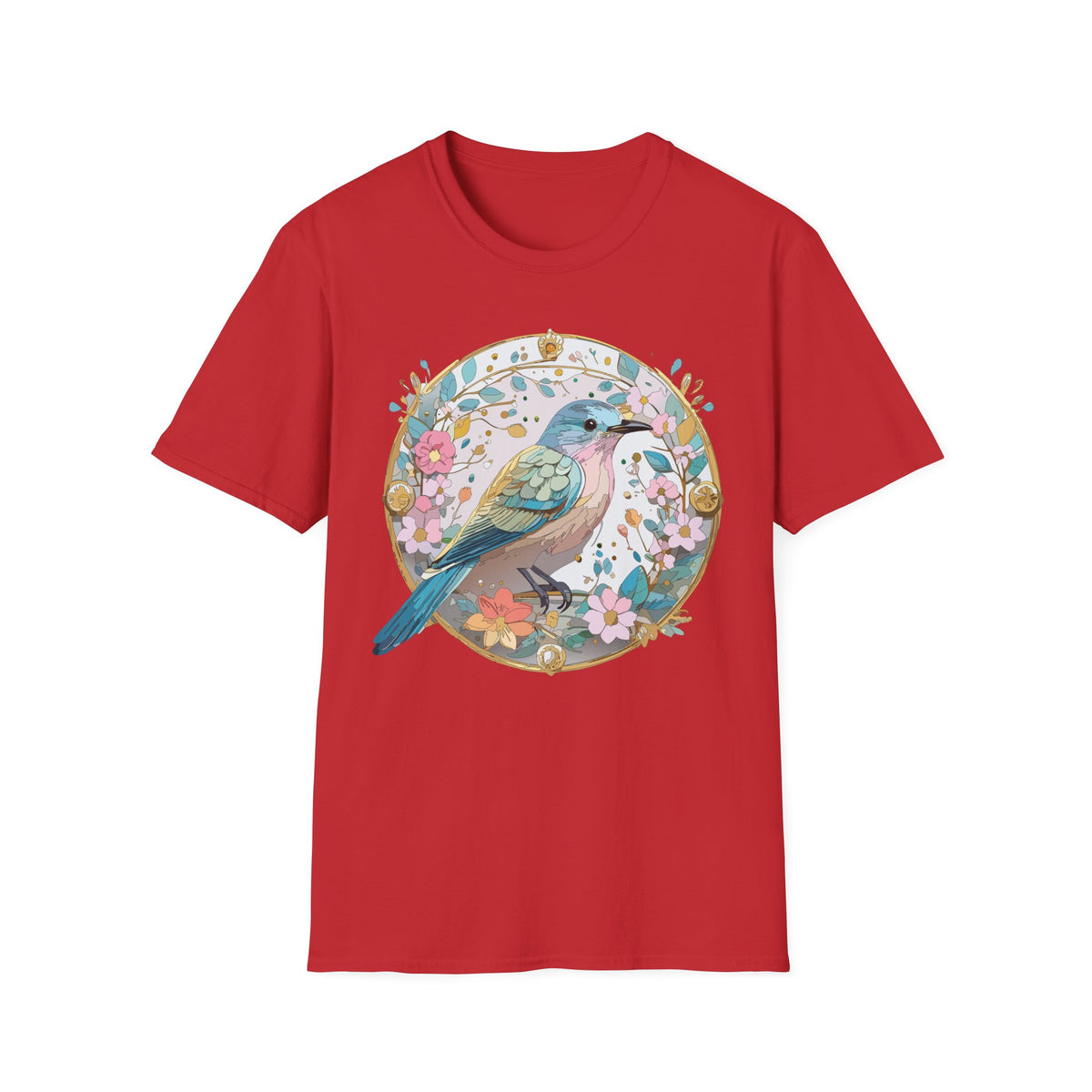 Floral Bird Illustration T-Shirt | Pastel Nature Circle Design