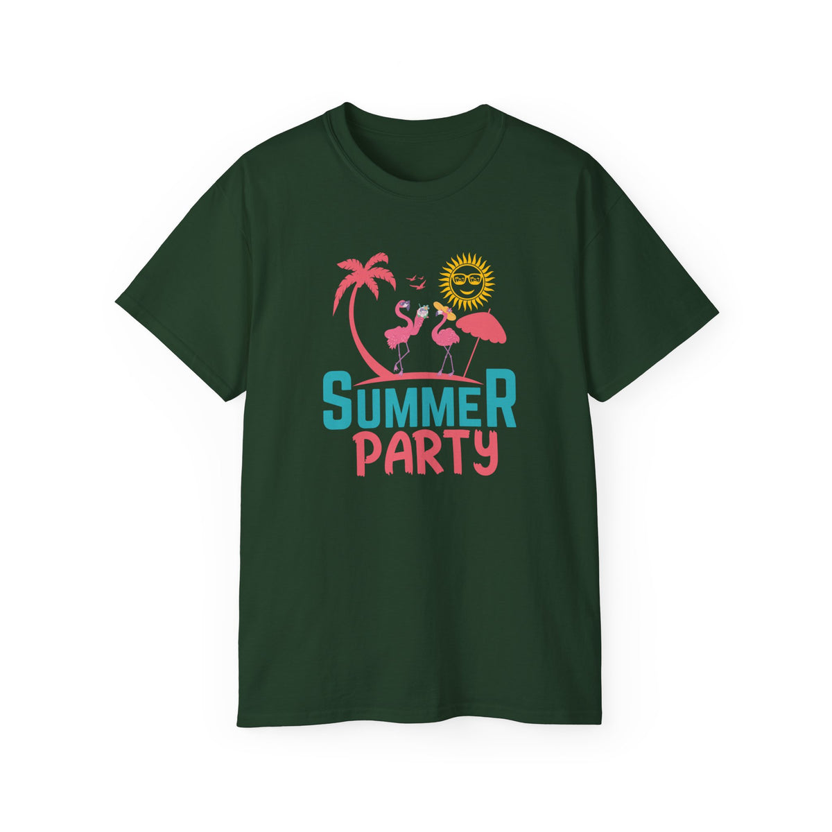 Summer Party Flamingo Tee | Tropical Palms Sun Retro Graphic