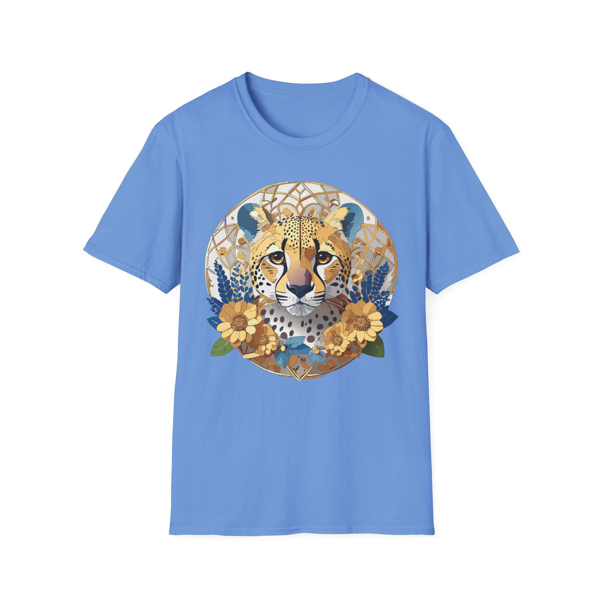 Golden Cheetah Mandala T-Shirt | Floral Boho Animal Illustration