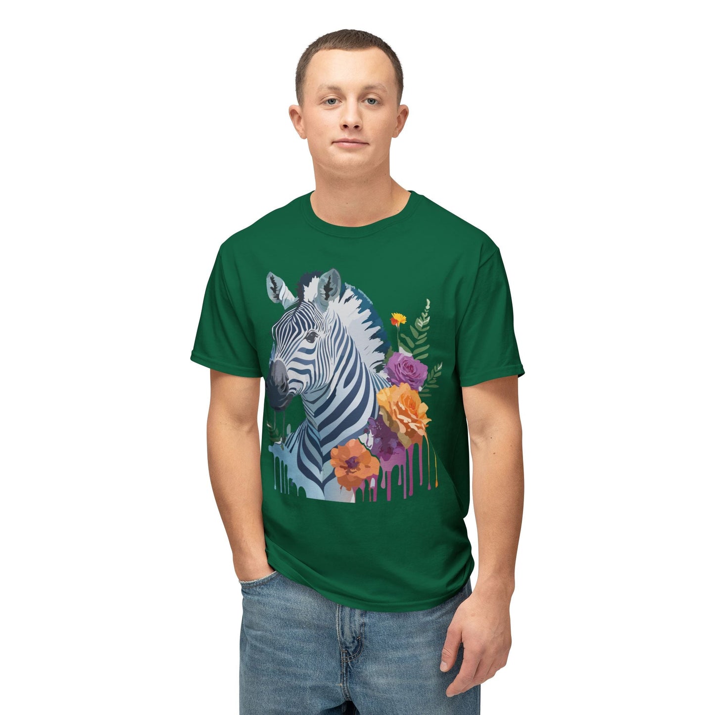 Unisex Zebra T Shirt With Floral Art Print Premium HD Cotton Jersey Tee Made In USA