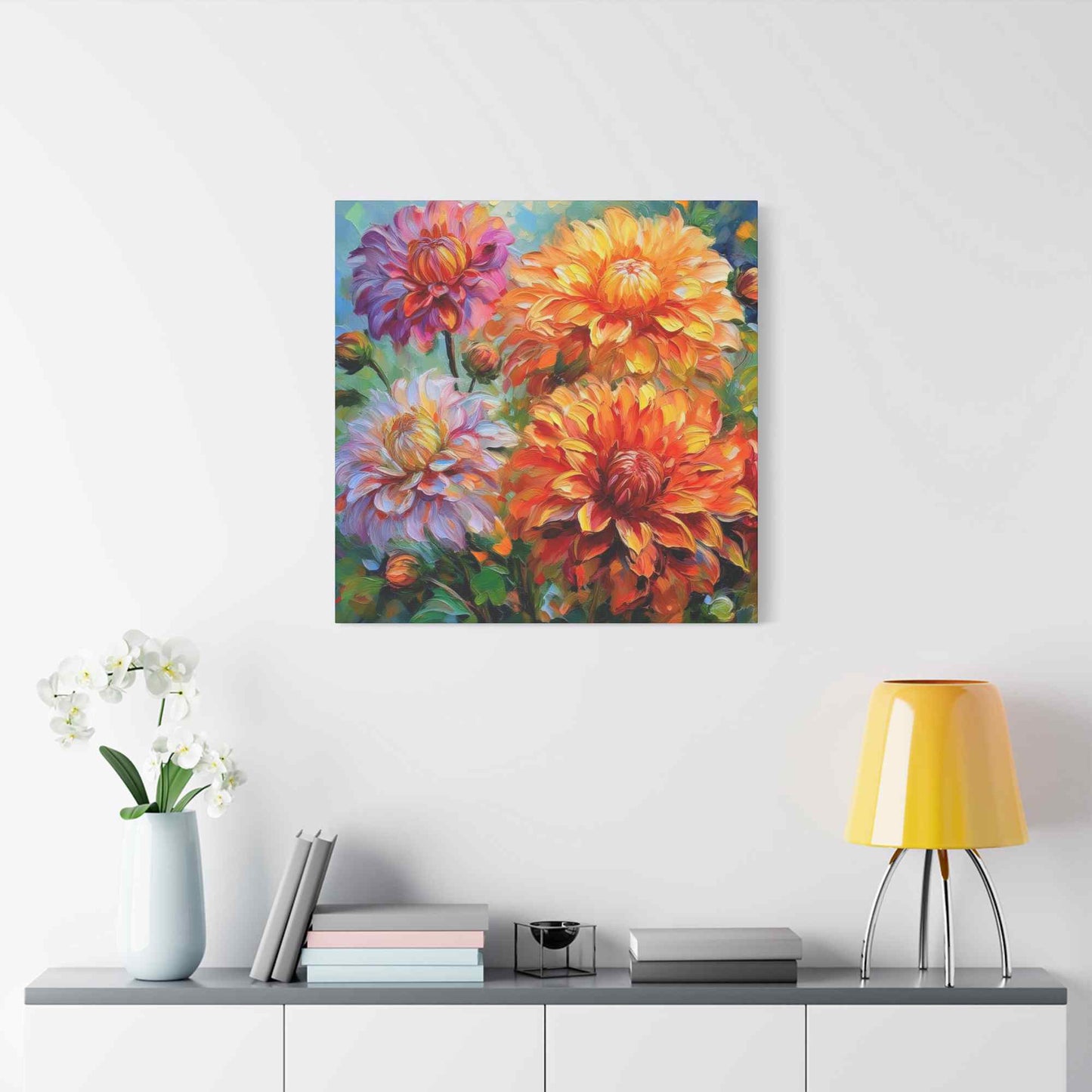 Dahlias Floral Print Canvas, Floral Oil Paint Print 20x20, 24x24, 30x30, 32x32, 36x36 Art Design Pine-Wood Inner Frame MC-166