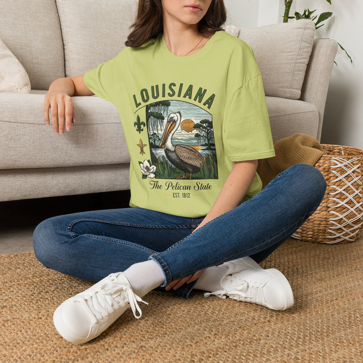 Louisiana Pelican State Graphic T-Shirt — Vintage Bayou Sunset Travel Tourist Graphic Design Unisex 100 Cotton Gildan T-Shirt
