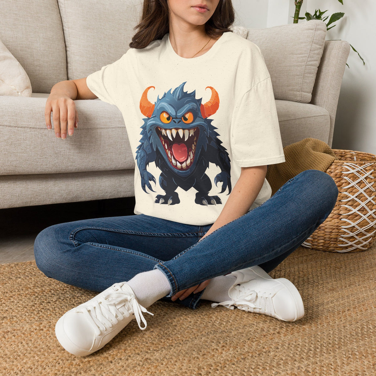 Monster Graphic T-Shirt — Fierce Blue Horned Creature Cartoon Graphic Tee Unisex 100 Cotton Gildan T-Shirt