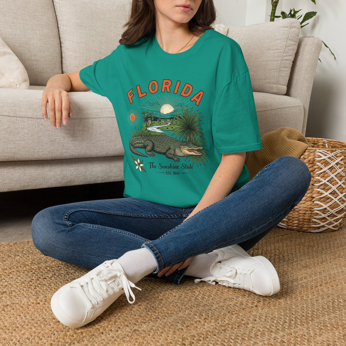 Florida Alligator Graphic T-Shirt — The Sunshine State Vintage Design Travel Tourist Graphic Design Unisex 100 Cotton Gildan T-Shirt