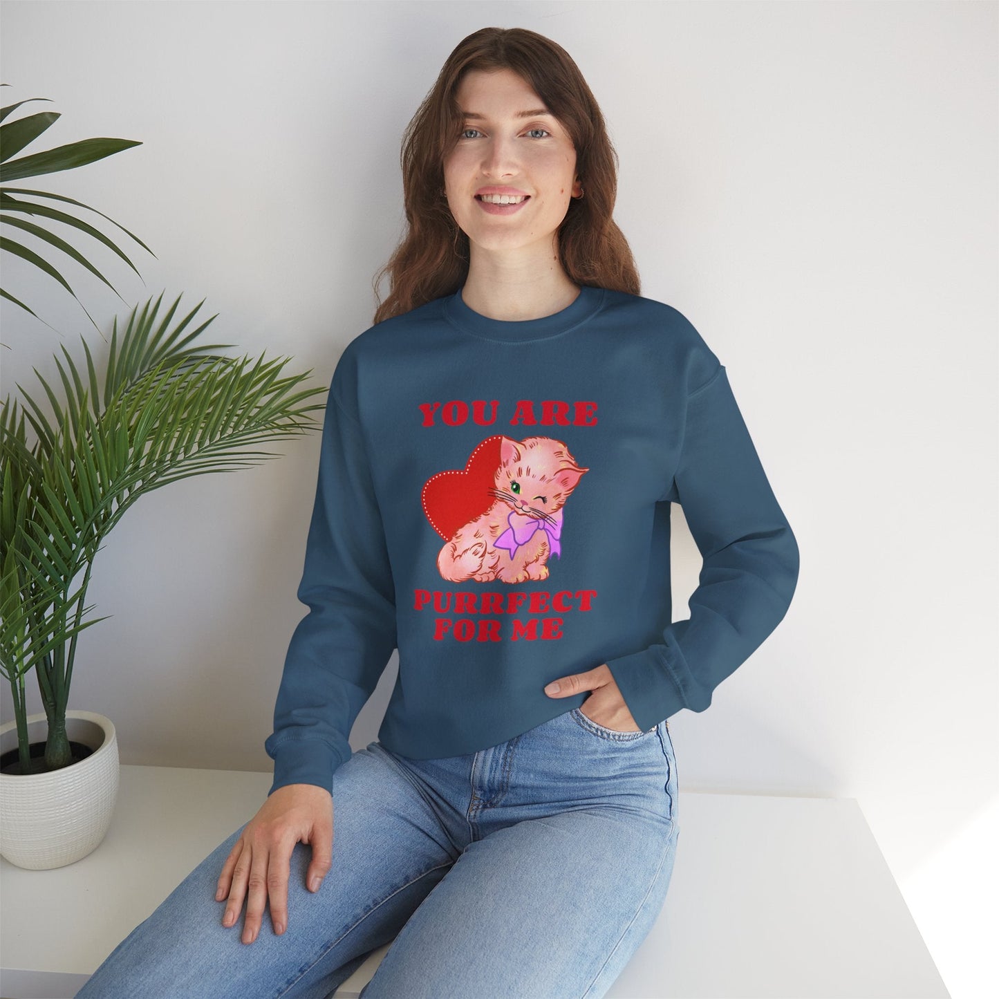 Cat Heart Sweatshirt Unisex Valentines Day Fifty Fifty Cotton Poly Blend Crewneck